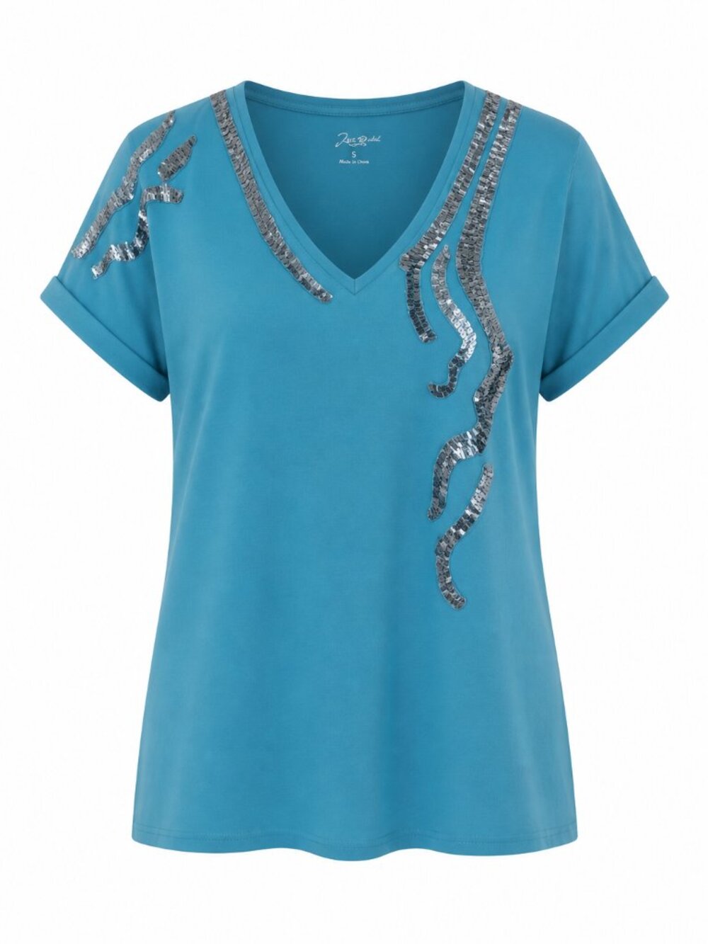 Motto Teal Rolled Embellished Oversized Artsy Turquoise short sleeve Tee Small